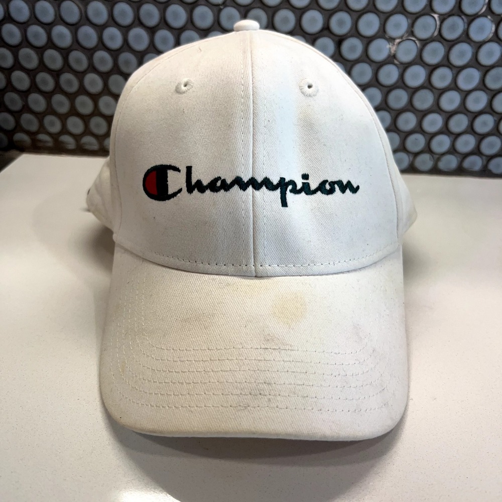 Champion Hat Cap Strap Back White Black Spell Out‎ Logo Casual Mens Streetwear